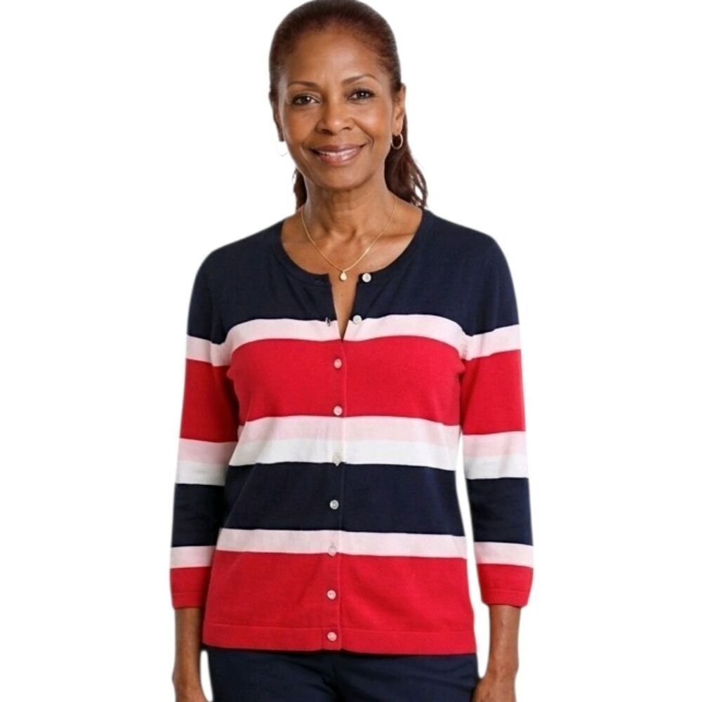 Talbots Navy Blue Striped Button Down Cardigan Size LP
